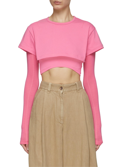 Jacquemus Le Double Cropped Layered Cotton-jersey And Stretch-lyocell T-shirt In Pink