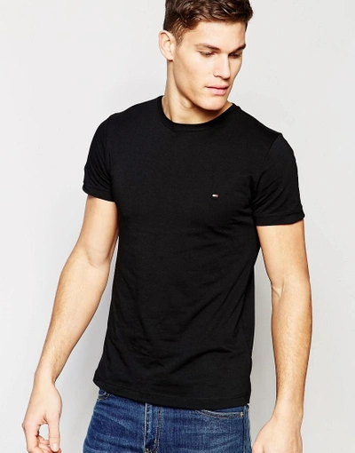 Tommy Hilfiger T-shirt With Flag Logo In Stretch Slim Fit In Black - Black  | ModeSens