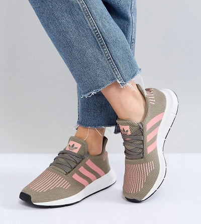 Adidas Originals Swift Run Sneakers In Khaki With Pink Stripe - Green |  ModeSens
