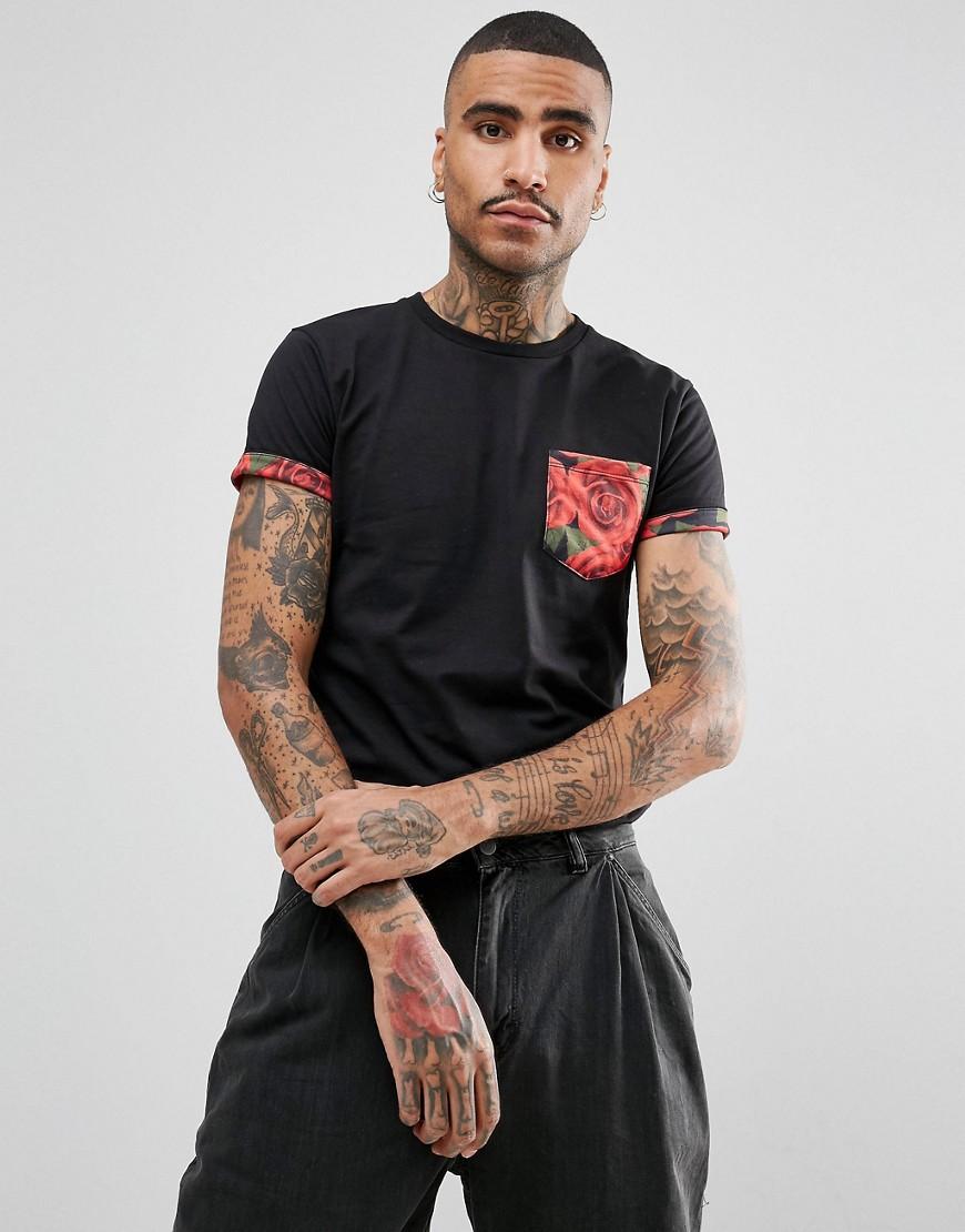 Criminal Damage T-Shirt In Black With Rose Pocket - Black | ModeSens