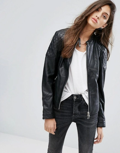 Goosecraft Collarless Leather Jacket With Diamond Quilt Detail - Black