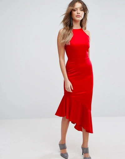 Lavish Alice Satin Waterfall Hem Midi Dress - Red
