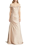 La Femme Off The Shoulder Ruched Satin Trumpet Gown In Champagne