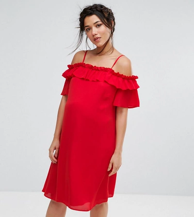 Queen Bee Maternity Ruffle Cold Shoulder Dress-red