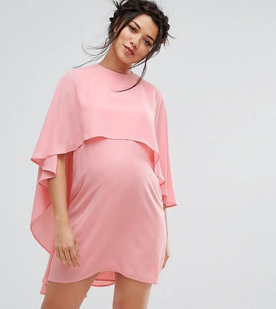 Queen Bee Maternity Shift Dress With Chiffon Waterfall Cape Detail - Pink
