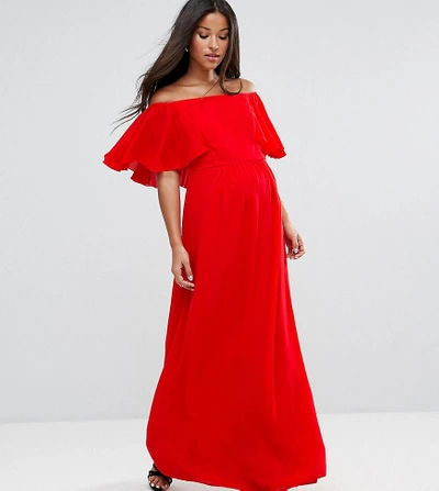 Queen Bee Maternity Off Shoulder Ruffle Maxi Dress - Red