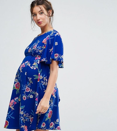 Queen Bee Maternity Floral Tea Dress With Tie Back-blue
