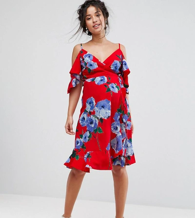 Queen Bee Wrap Front Cold Shoulder Tea Dress In Large Floral Print - Red