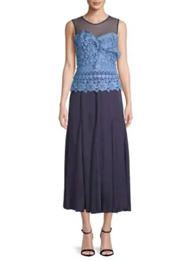 Three Floor Pleated Midi Dress With Contrast Lace Detail - Blue In Cornflower