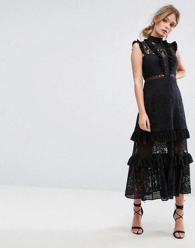 Three Floor Tiered Lace Midi Dress - Black | ModeSens
