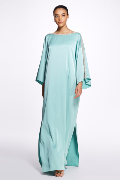 Marchesa Bateau Satin Back Crepe Caftan In Blue