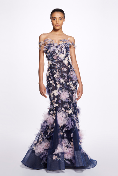 Marchesa Women's Off-the-shoulder Embroidered Gown In Blue