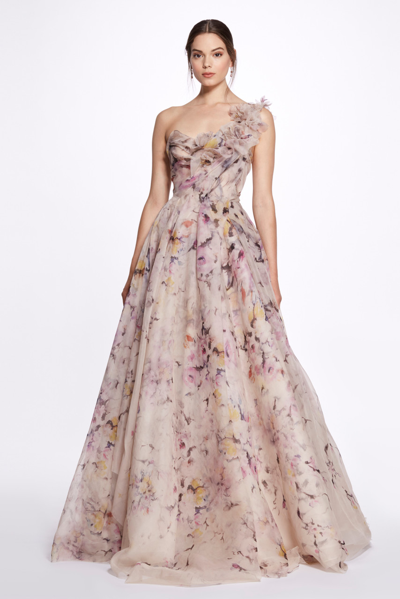 Marchesa Floral-applique Illusion Chiffon Ball Gown In Meadow