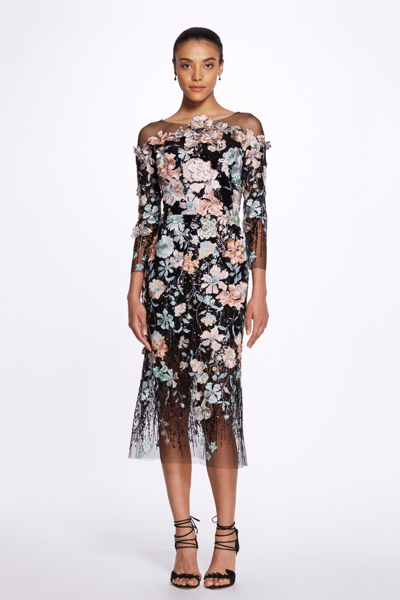 Marchesa Floral-embroidered Sequin Illusion Midi Dress