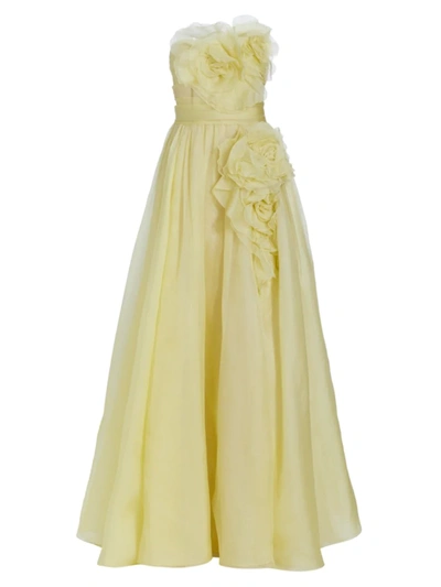 Marchesa Floral Draped Strapless Organza Gown In Yellow