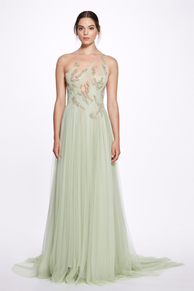 Marchesa Women's Embroidered-bodice Tulle Gown In Green