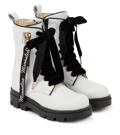 Monnalisa Leather Boots In Cream + Black