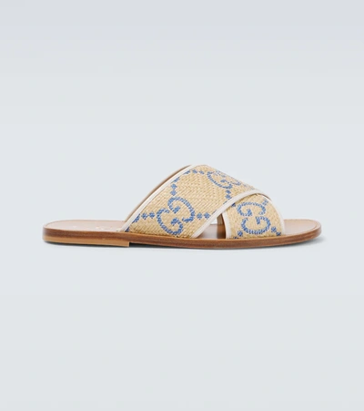 Men's GG slide sandal in beige and blue canvas