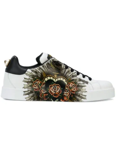 Dolce & Gabbana Sacred Heart Print White Sneakers In Leather
