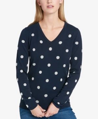 Tommy Hilfiger Metallic Polka-dot Sweater, Created For Macy's In Navy/silver
