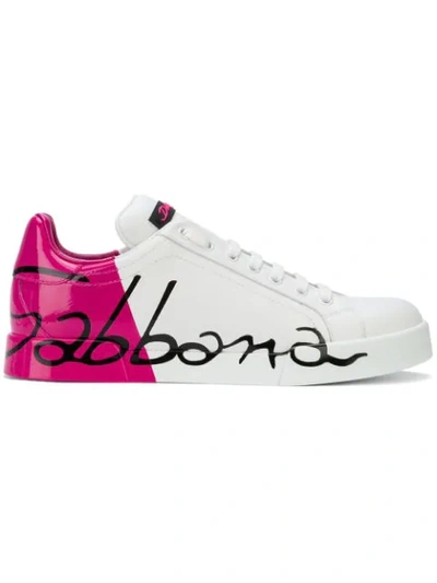 Dolce & Gabbana Logo-painted Leather Sneakers In White/fuchsia