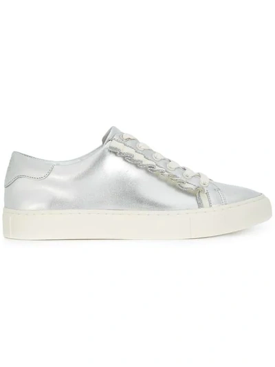 Tory Burch Tory Sport Ruffle-trim Laminated-leather Sneakers In Argento