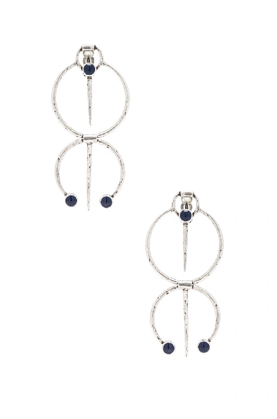 Saint Laurent Double Hoop Drop Clip Earrings W/ Blue Enamel In Silver