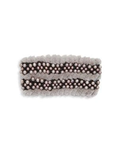 Glamourpuss Embellished Rabbit Fur Headband In Grey