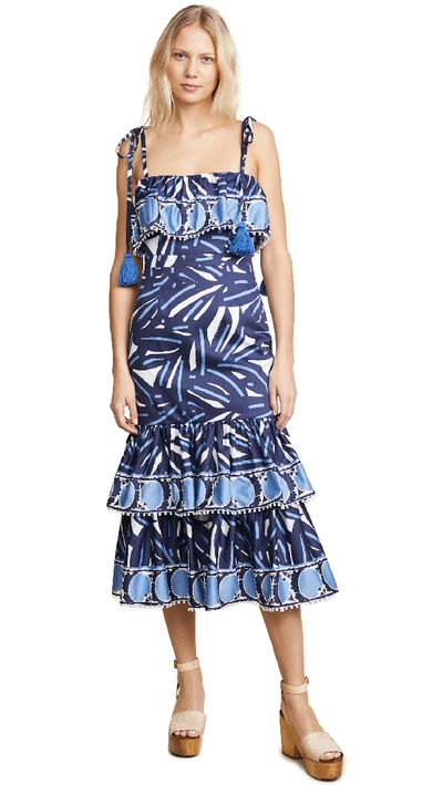Alexis Faretta Square-neck Mixed-print Cotton Midi Dress, Blue Pattern In Geo Navy Blue Print