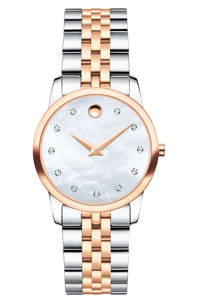 Movado Museum Classic Diamond, Mother-of-pearl, Rose Gold & Stainless Steel Link Bracelet Watch In Silver Rose Gold
