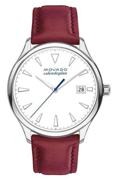 Movado Heritage Calendoplan Leather Strap Watch, 36mm In Red/ White/ Stainless Steel