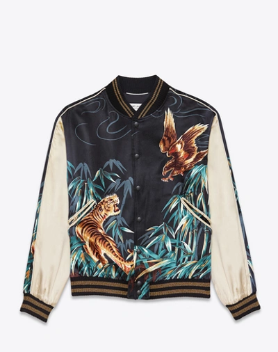 Saint Laurent Teddy Jacket In Navy Blue, Black And Brown Eagle And Tiger  Printed Viscose | ModeSens
