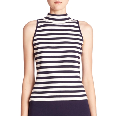 Milly Striped Sleeveless Mockneck Top In Navy