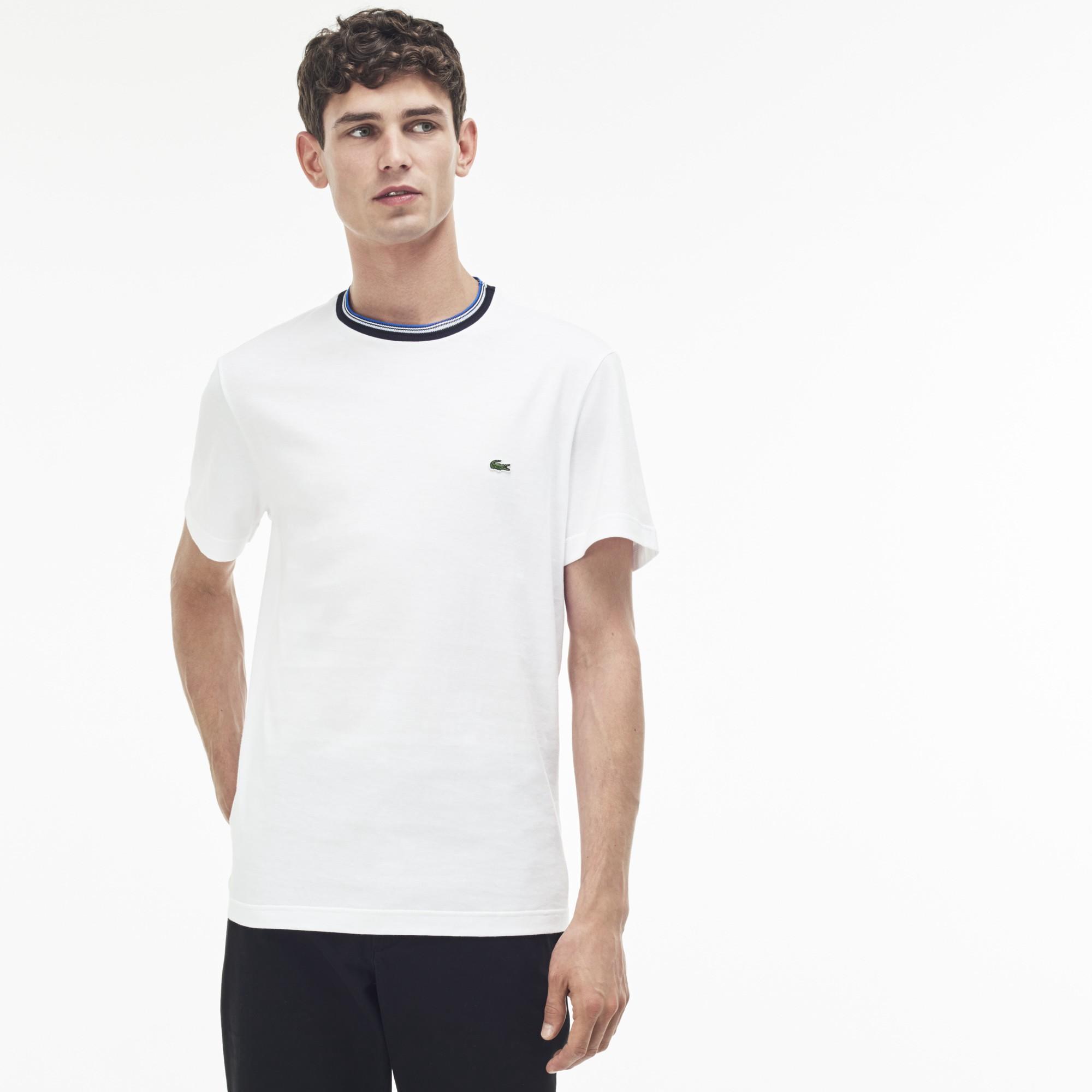 Lacoste Men's Striped Ribbed Crew Neck Cotton Jersey T-shirt In White ...