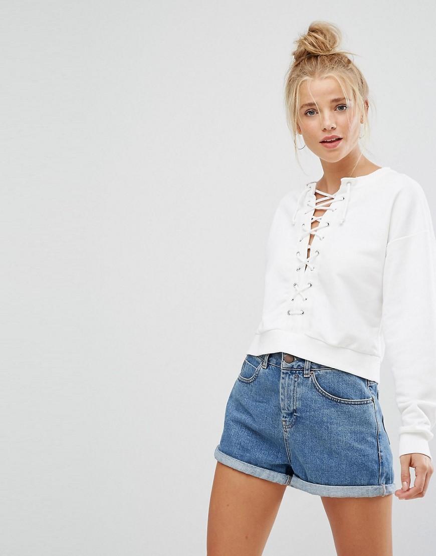 New Look Cropped Lace Up Sweat - Cream | ModeSens