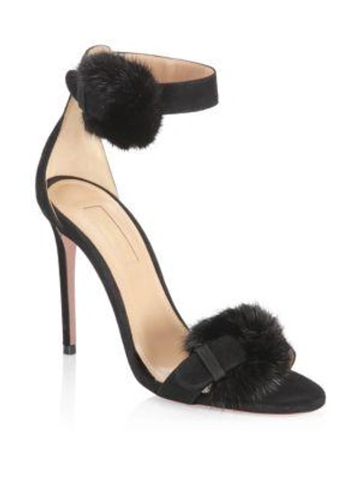 Aquazzura Mink Fur And Suede Ankle-strap Sandals In Black