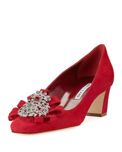 Manolo Blahnik Ataram Suede Block-heel Pump In Red