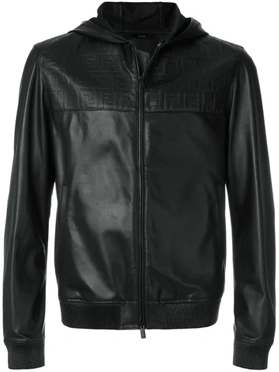 Fendi Embossed Logo Hooded Leather Jacket In Black