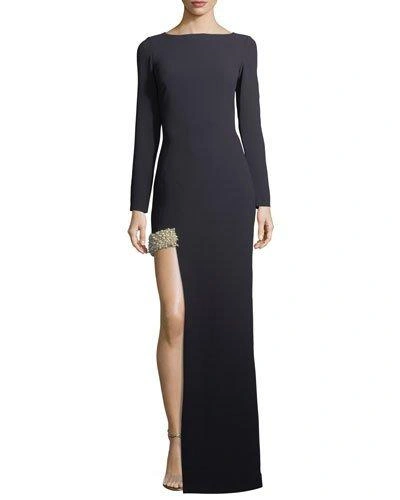 Marlene Olivier Iris Long-sleeve Column Evening Gown W/ Pearlescent Band In Abysse Navy