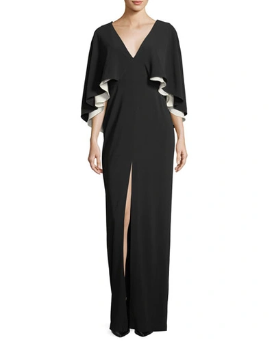 Halston Heritage Colorblock V-neck Cape Evening Gown In Black/chalk