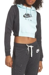 Nike Rally Cropped Colorblocked Athletic Hoodie In Glacier Blue/ Black Heather