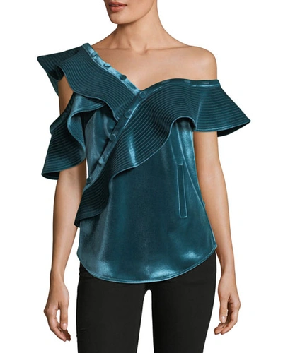 Self-portrait Sleeveless Asymmetric Velvet Frill Shirt, Turquoise