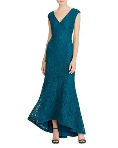 Ralph Lauren Lauren  Floral Lace Gown In French Teal