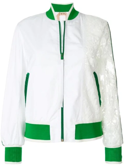 N°21 Zip-front Sports Bomber Jacket With Lace Sleeve In White