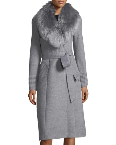 Sentaler Baby Alpaca Belted Long Coat W/ Fur Collar In Shale Grey