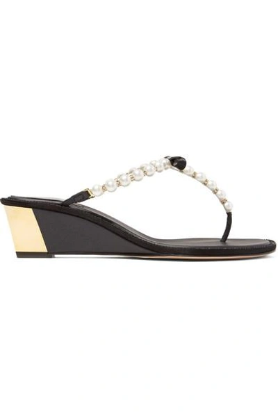 René Caovilla Embellished Leather Wedge Sandals In Black