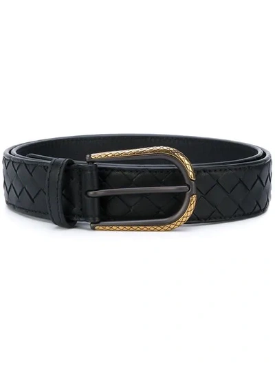 Bottega Veneta Nero Antique Gold Intrecciato Nappa Belt In Black