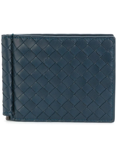 Bottega Veneta Denim Intrecciato Money Clip Bi-fold Wallet - Blue