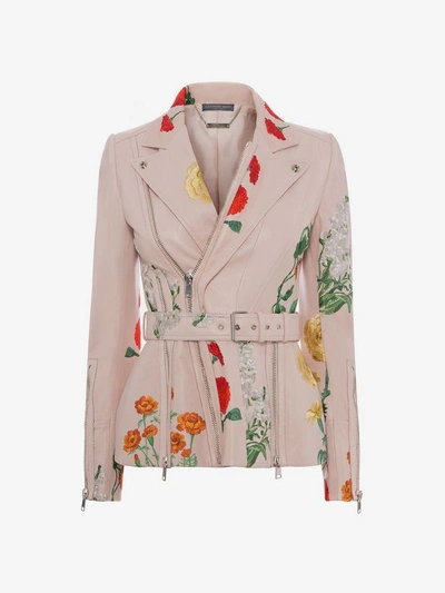 Alexander Mcqueen Floral Embroidered Leather Jacket In Baby Pink