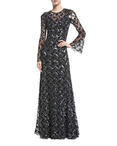 Jenny Packham Long-sleeve Paillette-embellished Gown In Black